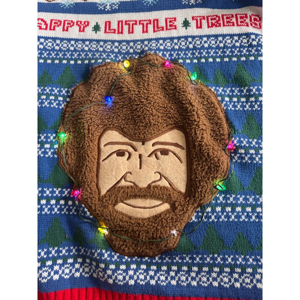 Bob Ross Happy Little Trees Light Up Ugly Christmas Sweater Size L - Picture 3 of 13